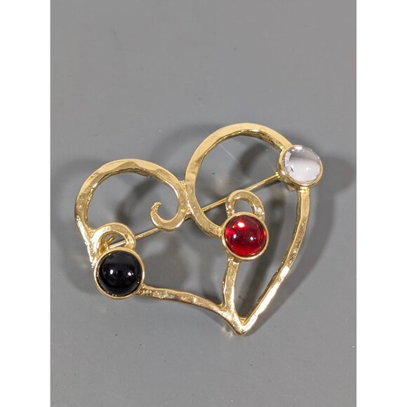 Vintage Gold Tone Heart Brooch Red Black Clear Cabochon Statement Bold - Picture 8 of 8